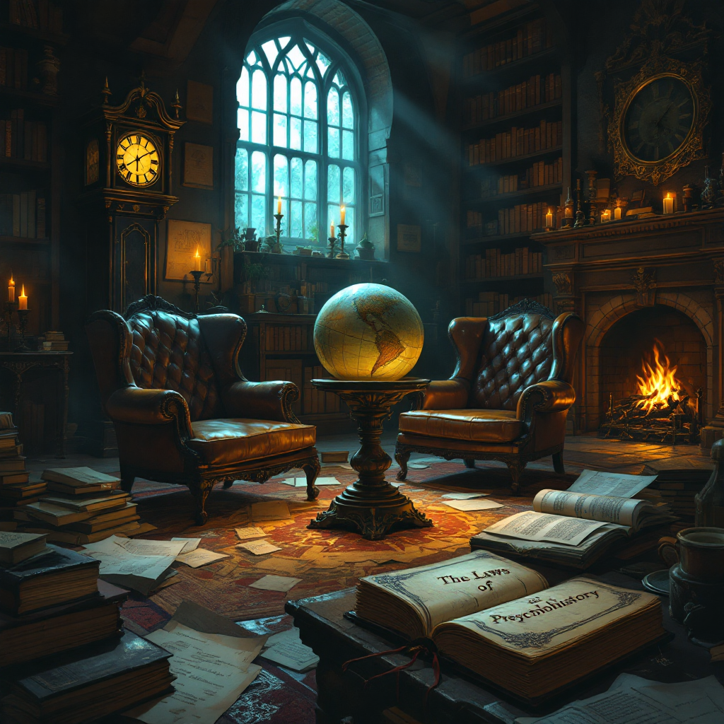 A cozy, dimly lit library with two leather chairs and a globe on a pedestal, surrounded by scattered books, a crackling fireplace, and shelves stacked with books, evoking themes of psychohistory.