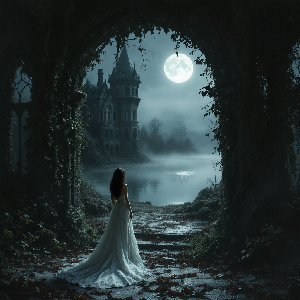 A figure in a flowing white gown stands before an archway, gazing at a moonlit castle across a misty lake, embodying the quote, Happiness was a distant myth.