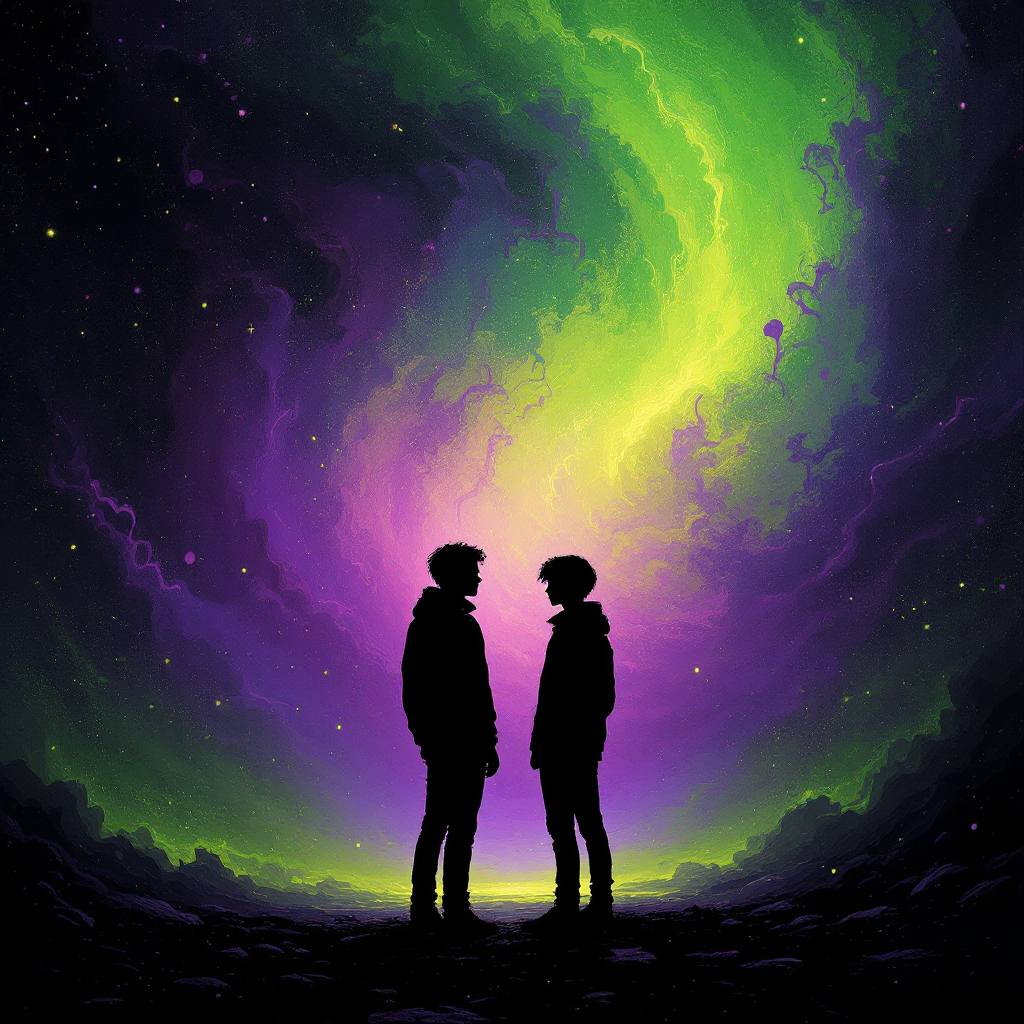 Two silhouetted figures stand facing each other against a vibrant, swirling backdrop of green and purple, capturing the essence of living beyond mere decisions.