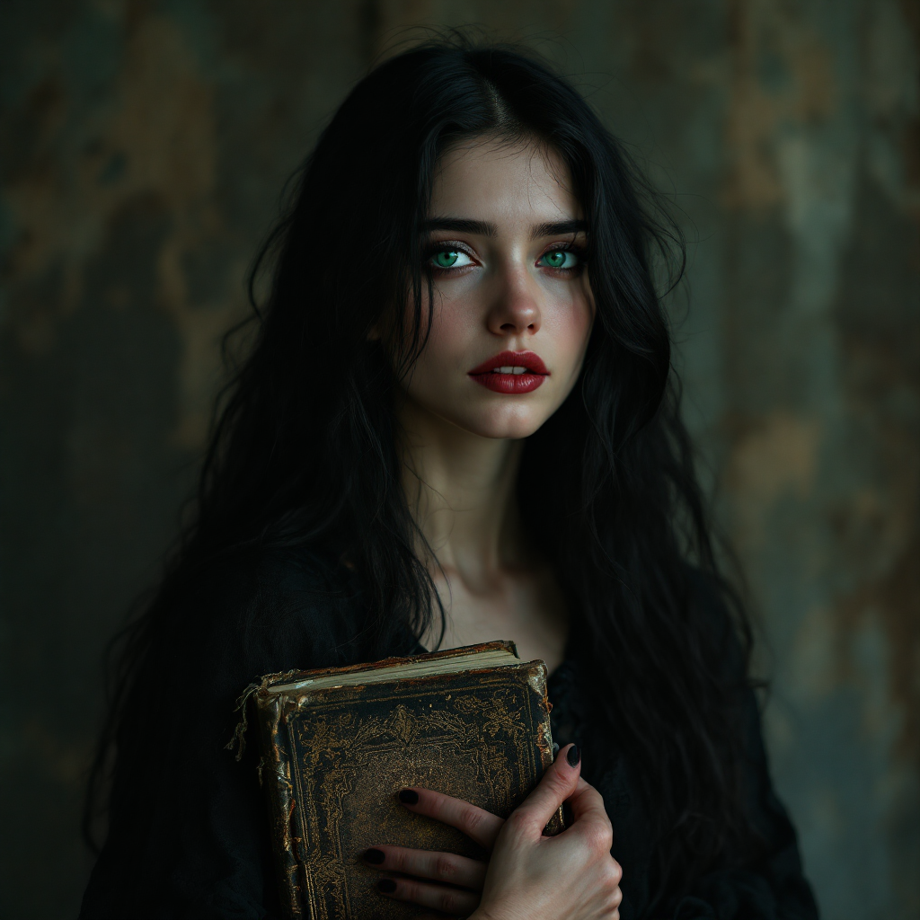 A young woman with long black hair and striking green eyes holds an old book close to her chest, gazing intently, evoking the quote about memory and connection.