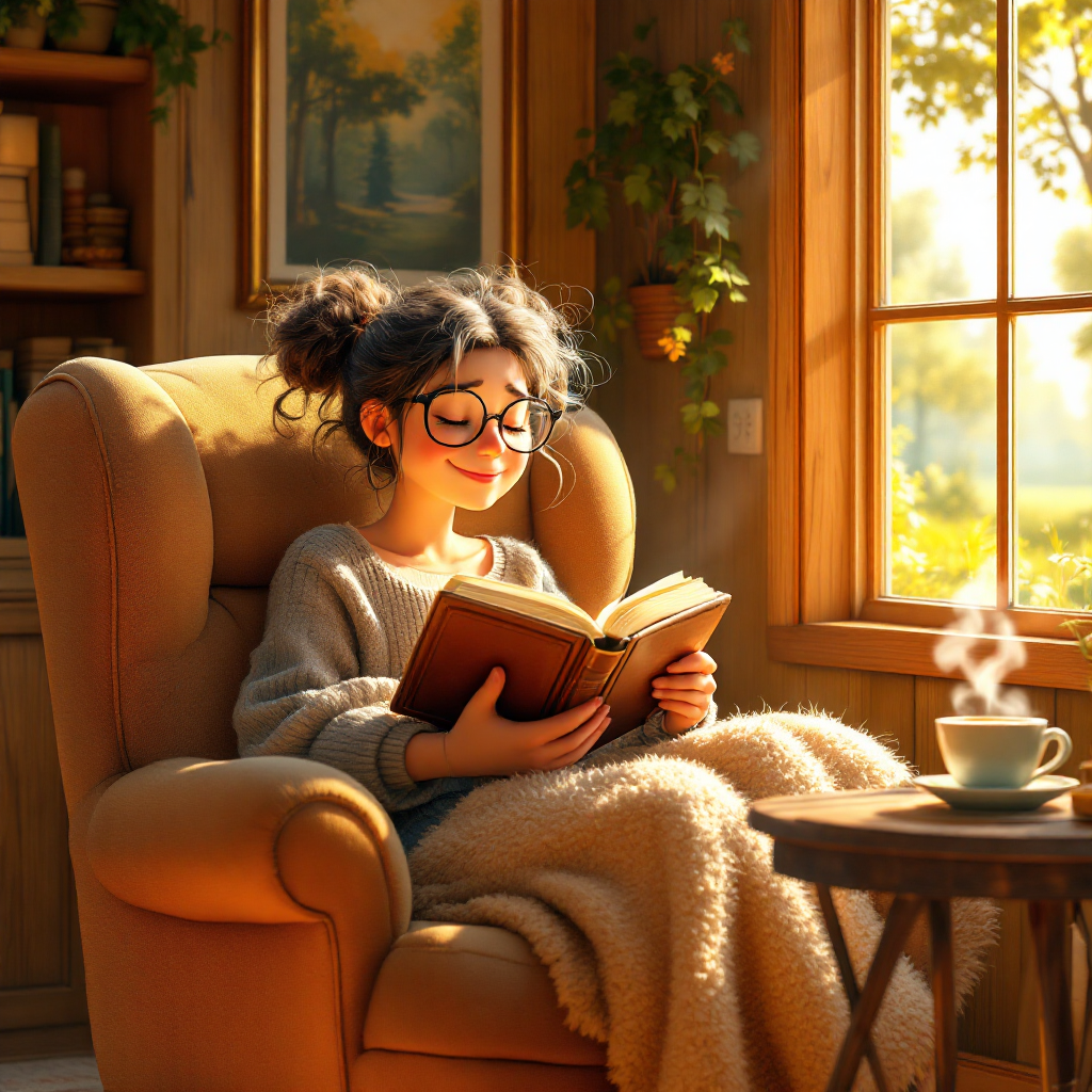 A cozy scene of a young woman in a sweater, reading a book in a sunlit room, surrounded by plants, with a steaming cup of coffee on a side table, embodying the comfort of a good book.