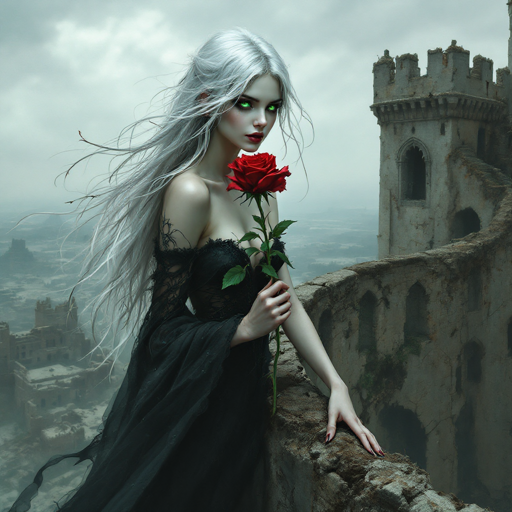 A haunting figure with long silver hair in a black gown holds a red rose against a backdrop of ruins, embodying the quote about love being a sharp weapon that inflicts deep wounds.