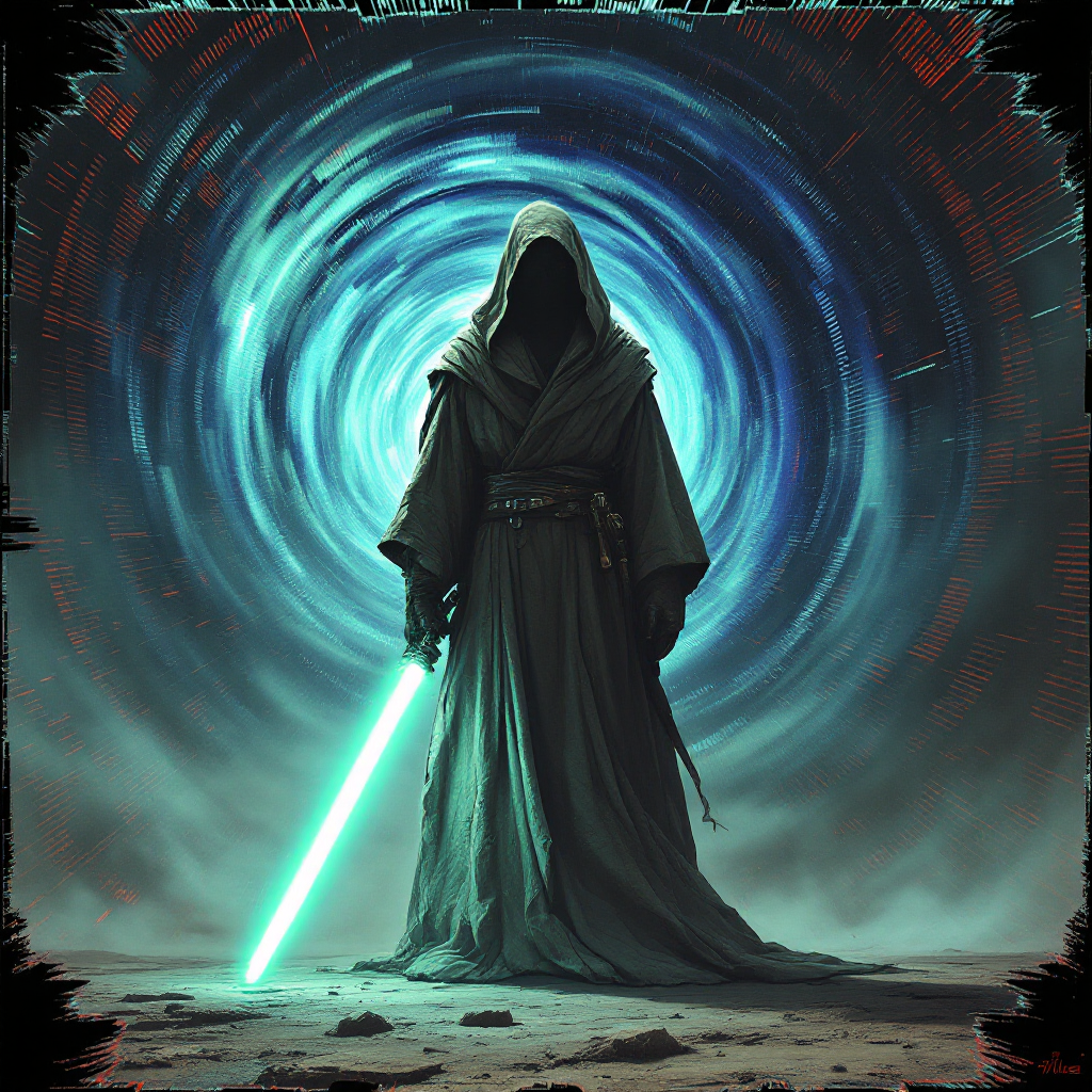 A cloaked figure stands before a swirling blue portal, holding a glowing lightsaber, embodying the essence of a Jedi, central to their story.