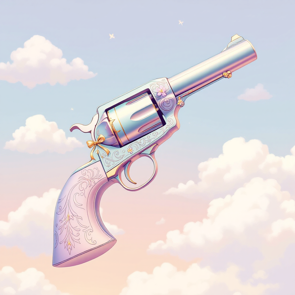 A stylized revolver with a shimmering, ornate design and a pastel color scheme floats against a backdrop of soft clouds, evoking the book quote Happiness is a very warm gun.