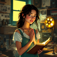 A young woman stands in a cozy room filled with vintage items, holding an open book as she reflects with a thoughtful expression, embodying the essence of stories and shared memories.