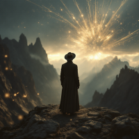 A figure in a long coat stands on a rocky outcrop, gazing at a radiant explosion of light above misty mountains, embodying the quote about death as a great adventure.