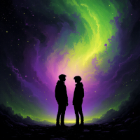 Two silhouetted figures stand facing each other against a vibrant, swirling backdrop of green and purple, capturing the essence of living beyond mere decisions.