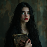 A young woman with long black hair and striking green eyes holds an old book close to her chest, gazing intently, evoking the quote about memory and connection.