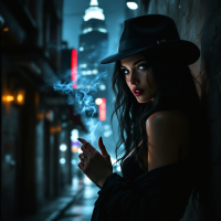 A woman with long dark hair and bold makeup stands in a dimly lit alley, wearing a black hat and exhaling a plume of smoke, embodying the intensity of sincerity and hidden truths.