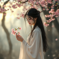 A serene young woman in a flowing white robe stands amidst blooming cherry blossoms, reflecting the quote's essence about self-perception and how others view us.