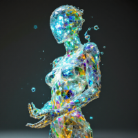 A shimmering, crystal-like figure stands with outstretched hands, embodying uniqueness and the beauty of breaking molds, illuminated by vibrant colors and sparkling light.