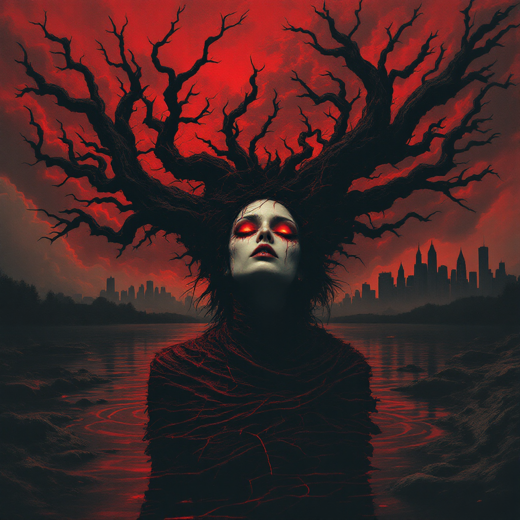 A figure with dramatic black hair resembling twisted branches emerges from a dark lake, framed by a fiery red sky, embodying themes of fear and aspiration from the quote on art's reflection.