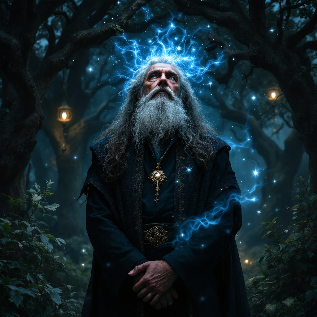 A wise figure with long, flowing hair stands in a mystical forest, surrounded by glowing orbs and electric energy, embodying the quote, Knowledge is power, but only if it is used wisely.