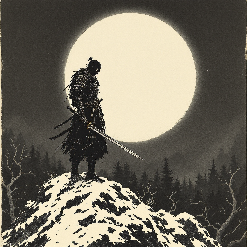 A lone warrior stands atop a snowy mountain, silhouetted against a large, glowing moon, embodying the strength found in perseverance, echoing the quote, When you give up, you die.