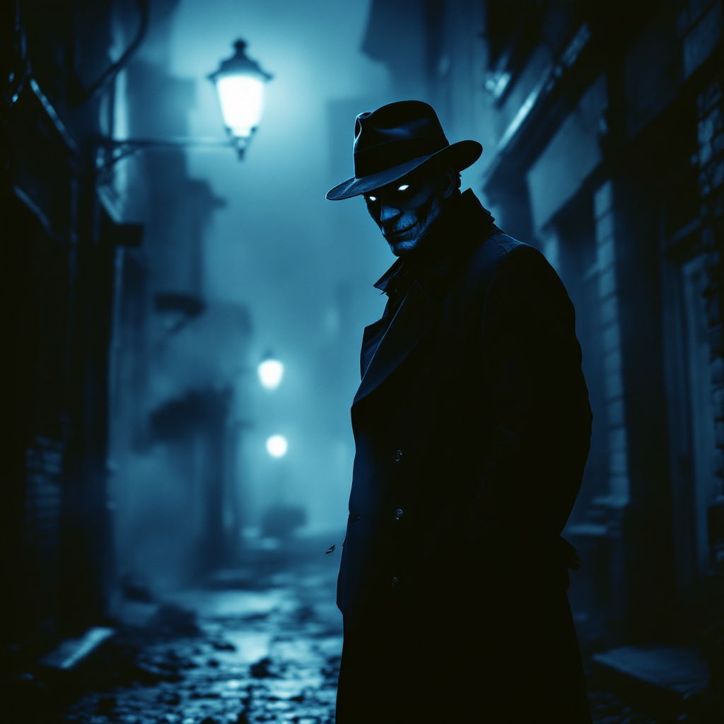 A mysterious figure in a dark alley wears a fedora and coat, embodying wisdom and cunning against a backdrop of fog and street lamps, reflecting survival through intelligence.