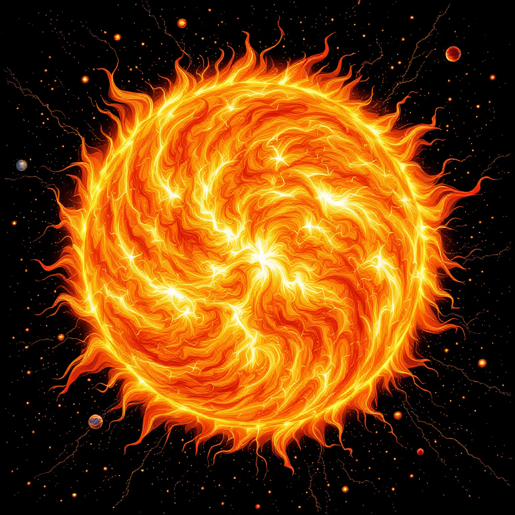 A fiery, turbulent sun radiates intense energy with swirling flames and charged particles extending outward, illustrating its violent and seething nature.