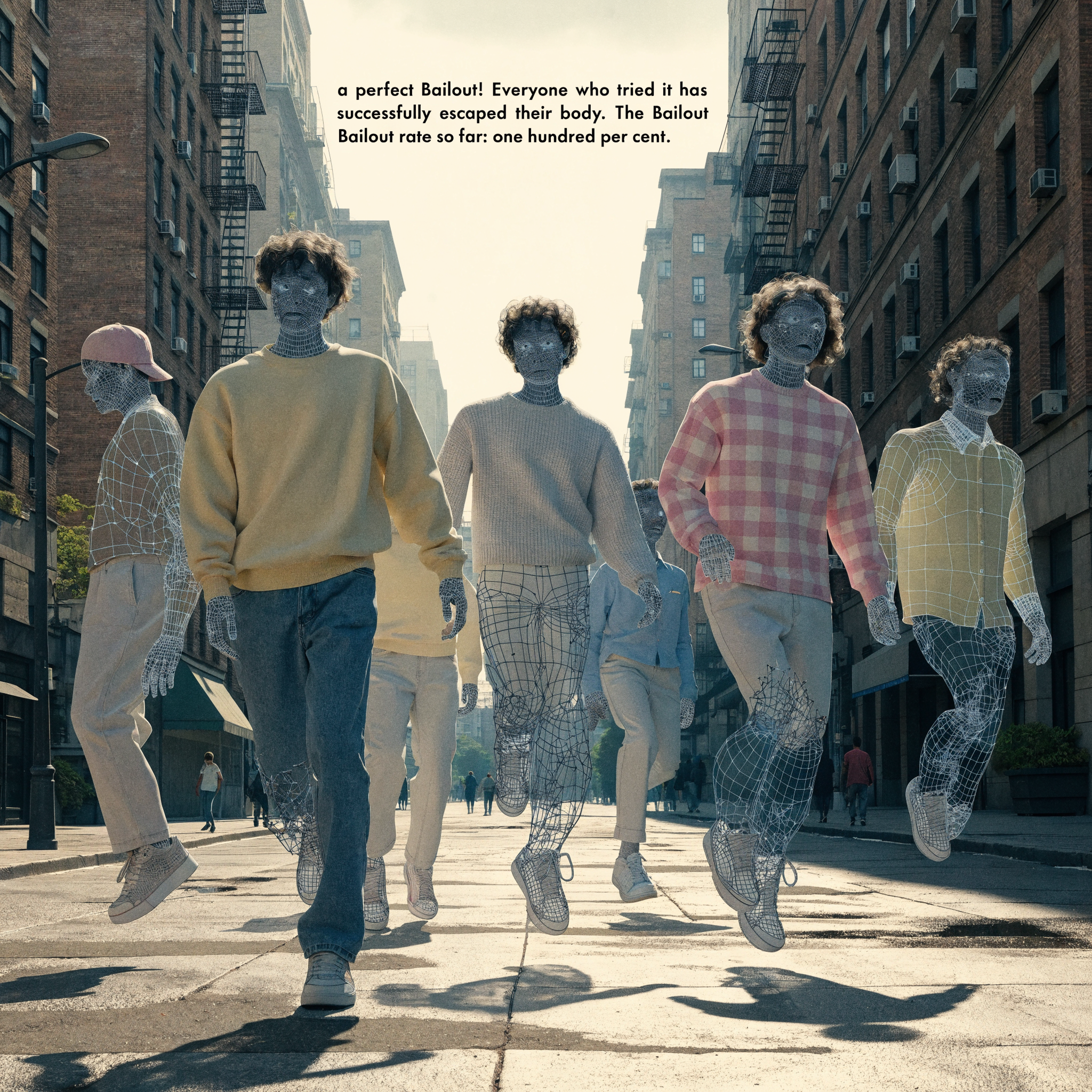 Four young people walk confidently away from the city, carrying shoes, symbolizing those who chose their living, breathing bodies over confinement.