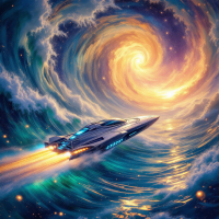 A sleek spacecraft soars through a swirling, colorful vortex, symbolizing the journey of exploration and connection through time and distance.