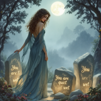 A woman in a flowing blue gown stands before glowing rocks that say, “You are quite wet,” illuminated by a full moon in a mystical forest setting.