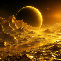 A breathtaking landscape featuring golden mountains and a luminous golden planet, capturing the essence of the quote about a planet made of solid gold gleaming in the universe.