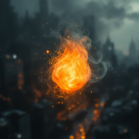 A glowing ember of orange flame hovers against a dark, moody cityscape, symbolizing the fragility and resilience of hope as something worth fighting for.