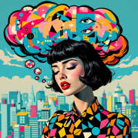 A woman with a stylish bob, wearing a colorful patterned shirt, is lost in thought. Above her head, a vibrant cloud of abstract shapes and faces represents her reflections on the past.