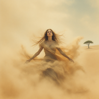 A woman in a flowing dress stands gracefully in a swirling desert of sand, embodying the quote about losing oneself in another, with a lone tree in the background.