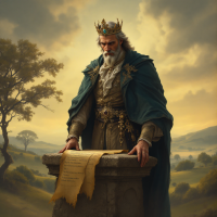 A regal man in a crown studies a scroll on a stone pedestal, embodying the wisdom of ancestors against a backdrop of rolling hills and a dramatic sky.