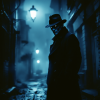 A mysterious figure in a dark alley wears a fedora and coat, embodying wisdom and cunning against a backdrop of fog and street lamps, reflecting survival through intelligence.