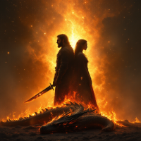 A man and woman stand back to back amid flames, a sword in the man's hand, with a dragon curled at their feet, embodying a friendship forged in fire and trial, written in the stars.