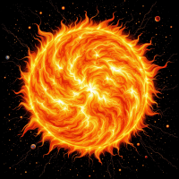 A fiery, turbulent sun radiates intense energy with swirling flames and charged particles extending outward, illustrating its violent and seething nature.