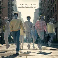 Four young people walk confidently away from the city, carrying shoes, symbolizing those who chose their living, breathing bodies over confinement.