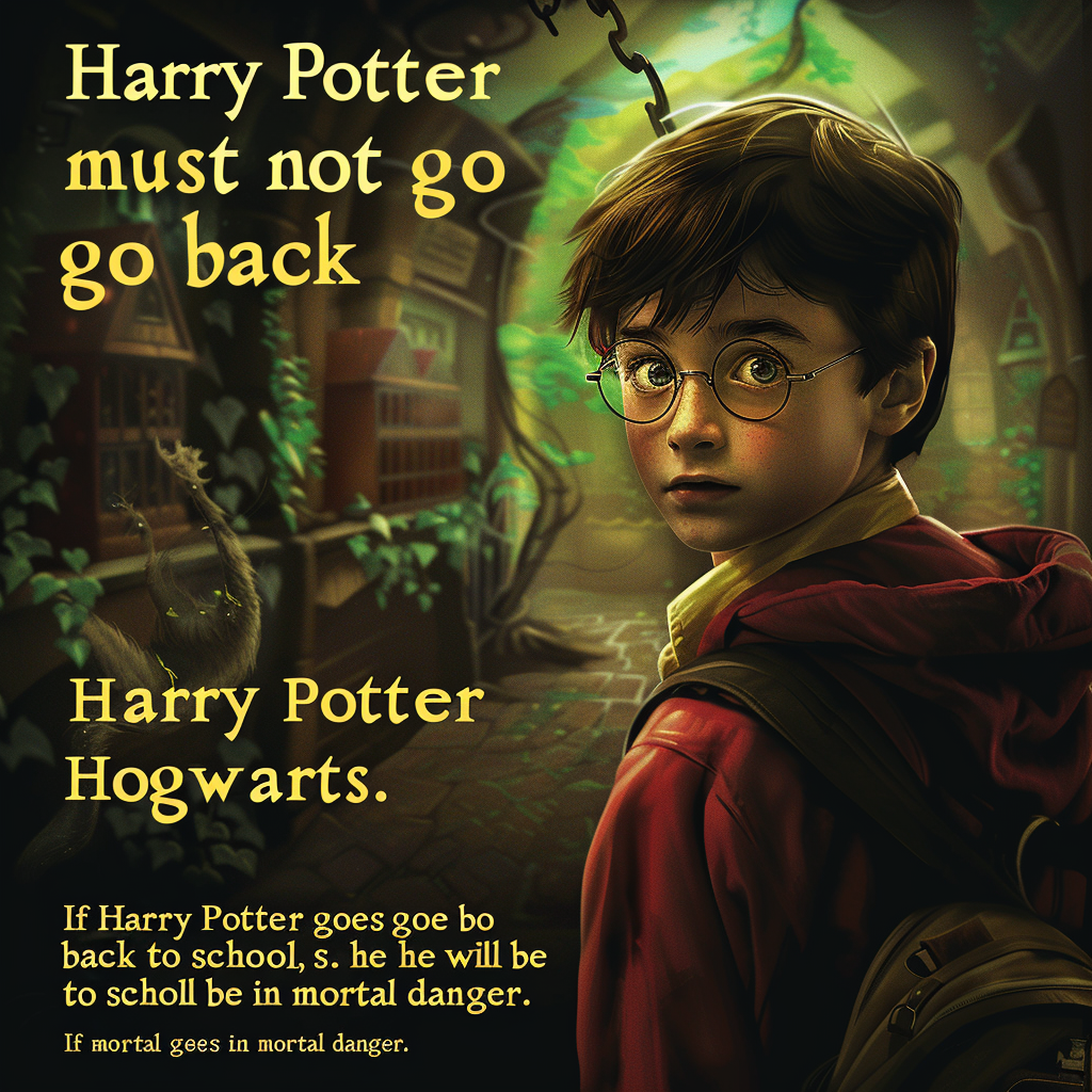 A young boy wearing glasses and a red hoodie stands in a dimly lit alley with green glowing signs in the background. The text warns that Harry Potter must not go back to Hogwarts due to mortal danger.