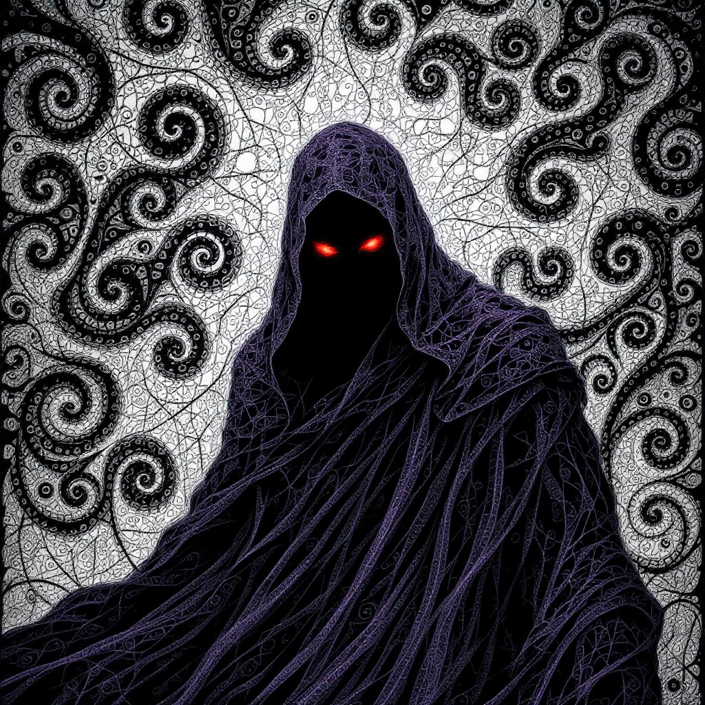 A shadowy figure cloaked in dark robes sits amid swirling black and white patterns, with glowing red eyes, embodying the essence of The Dark Lord always knows.