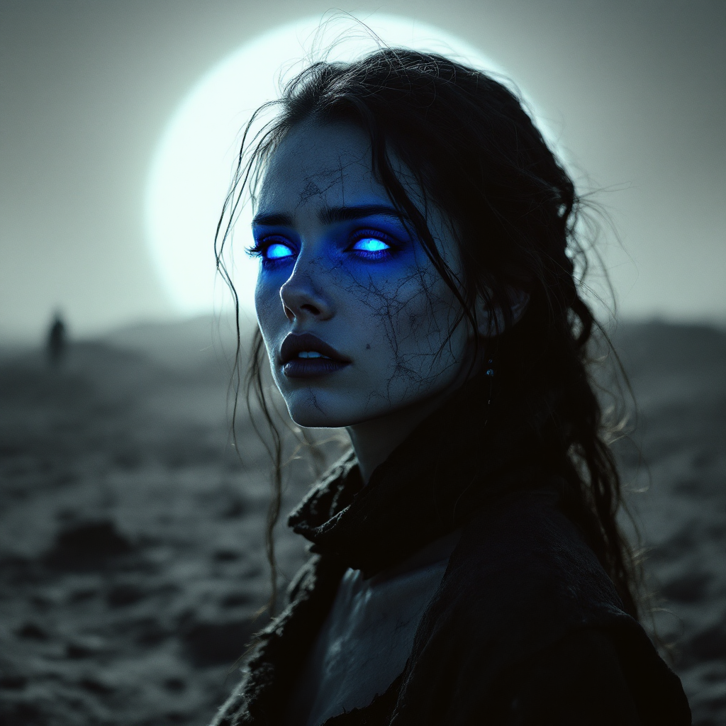 A solemn young woman with glowing blue eyes stands against a dark landscape, illuminated by a large moon, embodying the theme of selfless sacrifice from the quote.