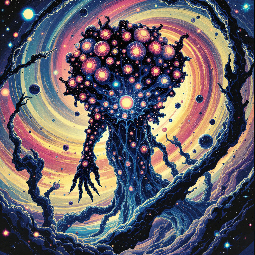 A vibrant, cosmic tree with glowing orbs instead of leaves stands amidst swirling stars and branches, symbolizing personal growth and transformation from the quote about shaping who you become.