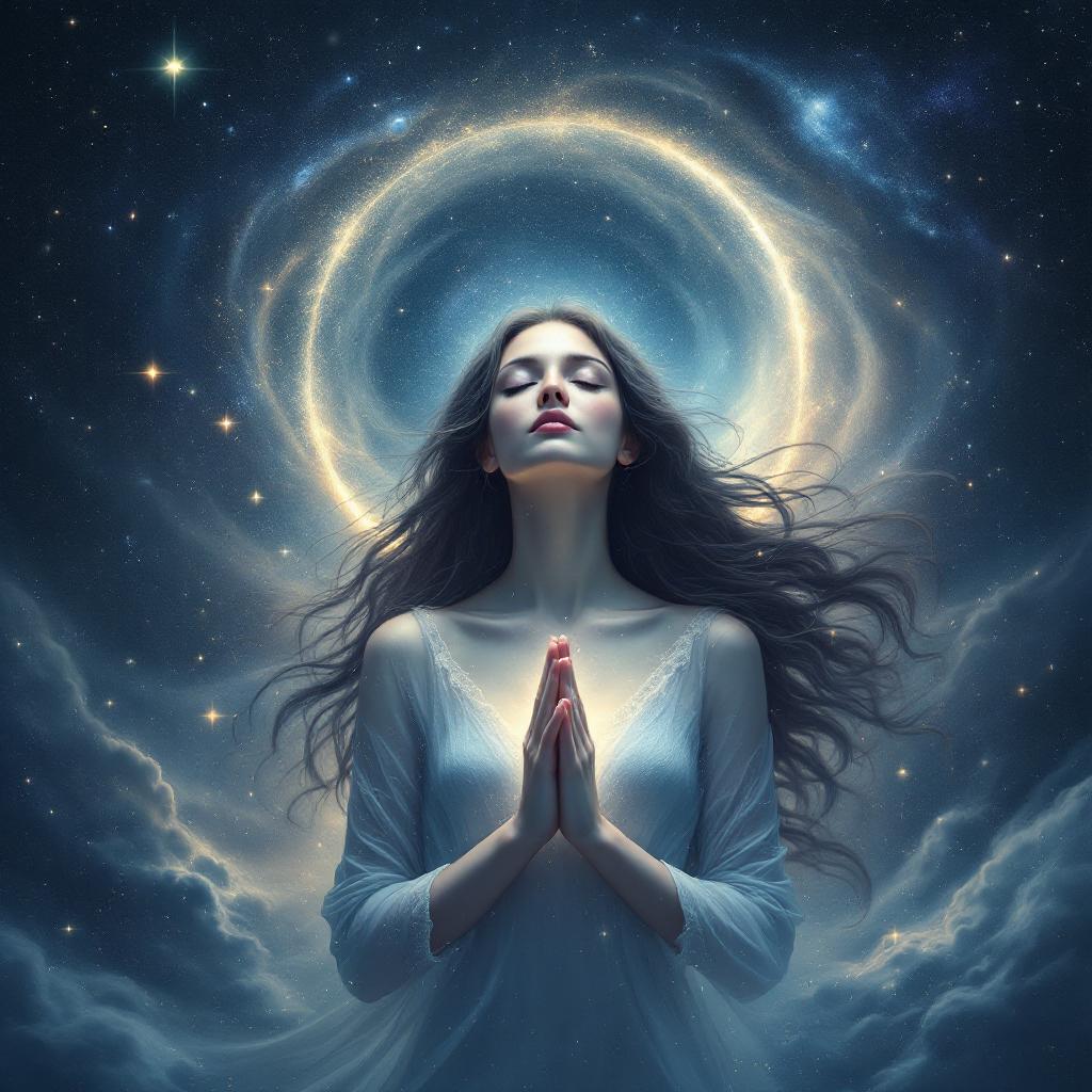 A serene woman in a flowing white dress, with hands clasped in prayer, gazes upwards toward a cosmic swirl of stars and ethereal clouds, embodying the quest to embrace the unknown.