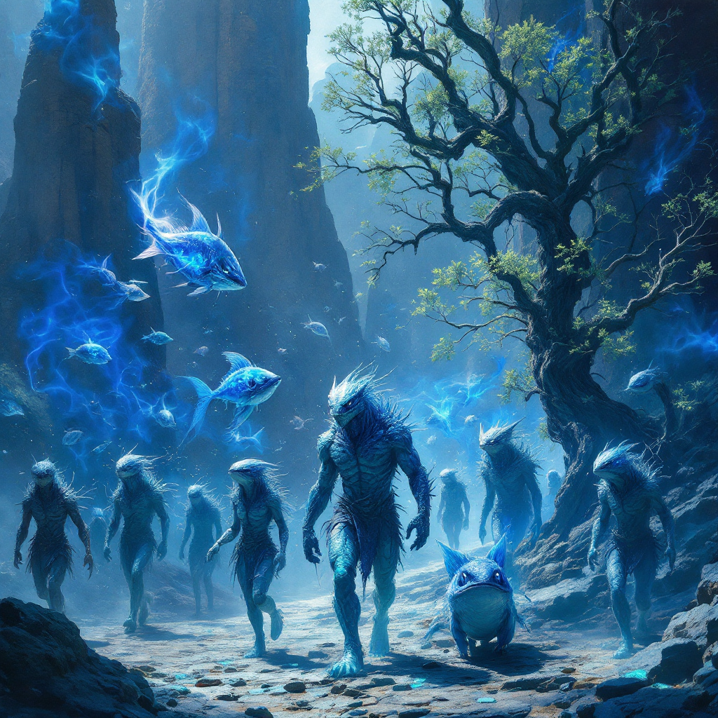 A vibrant scene depicting humanoids, reptiloids, and fish-like creatures accompanied by glowing blue shades, set in a mystical landscape with towering rock formations and a gnarled tree.