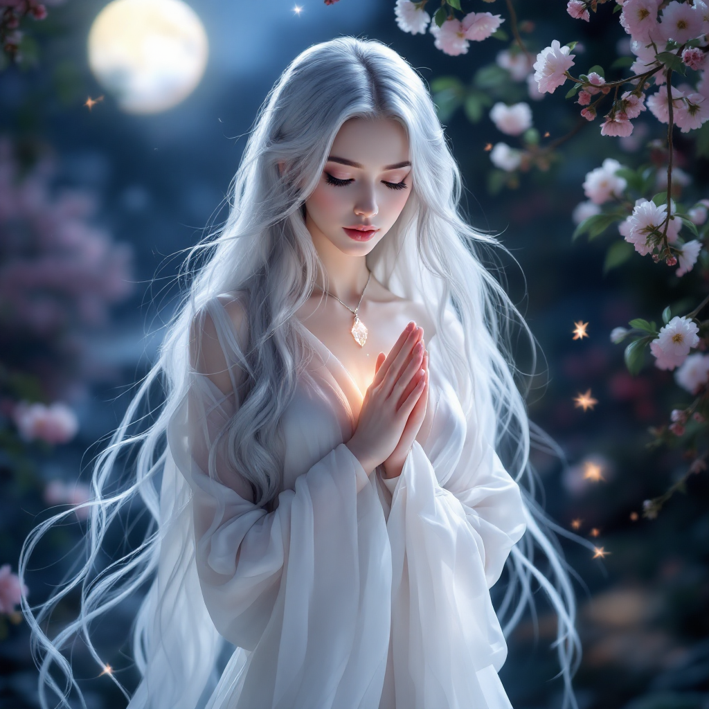 A serene figure with flowing silver hair stands in a moonlit garden, clasping her hands gently at her heart, surrounded by blooming flowers, embodying a sense of quiet introspection.