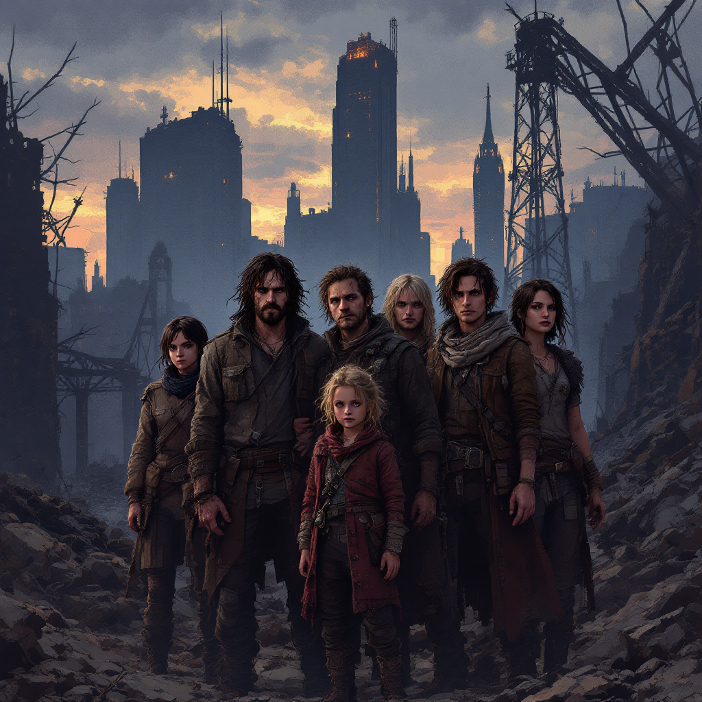 A group of seven diverse individuals stands amidst a desolate, post-apocalyptic landscape, with crumbling skyscrapers silhouetted against a dramatic sunset, embodying the themes of exile and choices.