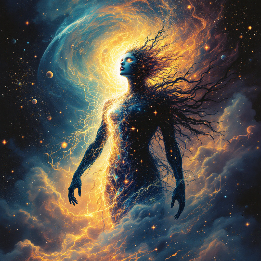 A figure stands amidst cosmic clouds, embodying both light and darkness, radiating energy that reflects a balance of desires and existence, inspired by the quote on duality.