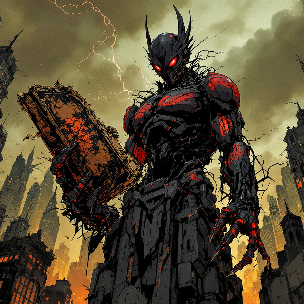 A towering, armored figure with glowing red eyes stands in a dark, dystopian city, holding a large book amidst a stormy sky, embodying themes of power and interpretation.