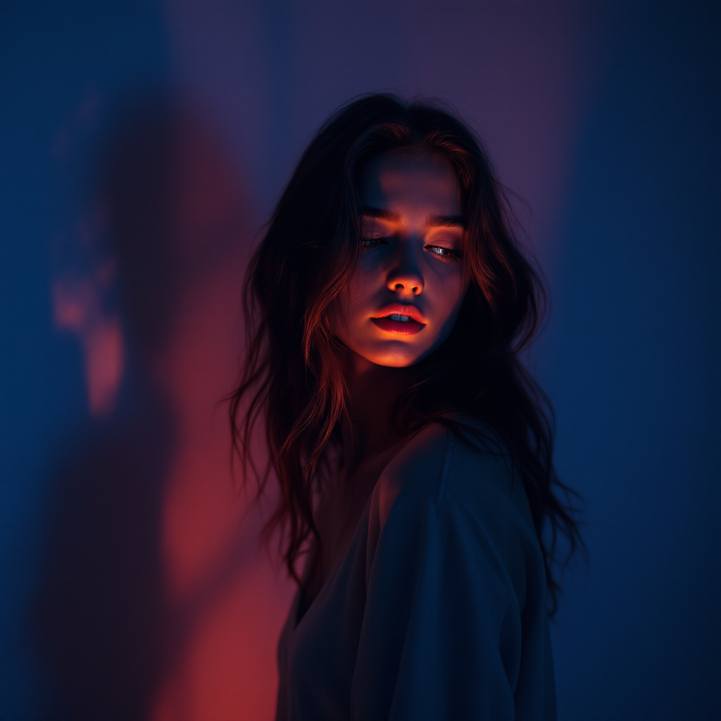 A woman with long wavy hair stands against a backdrop of contrasting blue and red light, her expression thoughtful, embodying the theme of adapting to change.