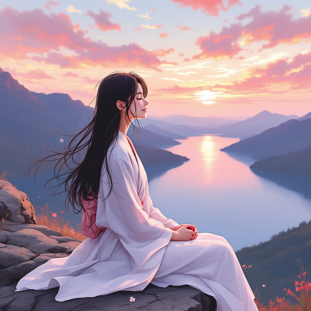 A serene figure in traditional attire sits atop a rocky outcrop, gazing at a tranquil lake and vibrant sunset, embodying the quote’s essence of personal happiness.