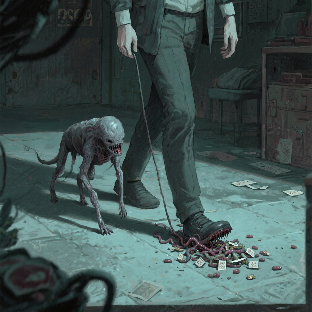 A gaunt, hairless creature with sharp teeth follows a person walking on a dimly lit floor scattered with disassembled memories in the form of small, glowing fragments.