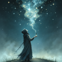 A cloaked figure stands in a serene landscape, holding a glowing vial. Swirling stars and cosmic dust rise into the night sky, embodying the quest for connection beyond life and death.