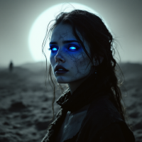 A solemn young woman with glowing blue eyes stands against a dark landscape, illuminated by a large moon, embodying the theme of selfless sacrifice from the quote.