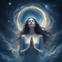 A serene woman in a flowing white dress, with hands clasped in prayer, gazes upwards toward a cosmic swirl of stars and ethereal clouds, embodying the quest to embrace the unknown.