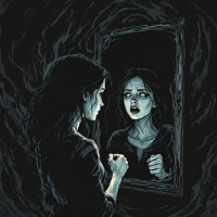 A dark illustration of a woman gazing into a mirror, surprised by her reflection, embodying the quote, I am afraid of what I might become, surrounded by swirling shadows.