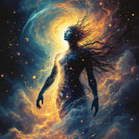 A figure stands amidst cosmic clouds, embodying both light and darkness, radiating energy that reflects a balance of desires and existence, inspired by the quote on duality.